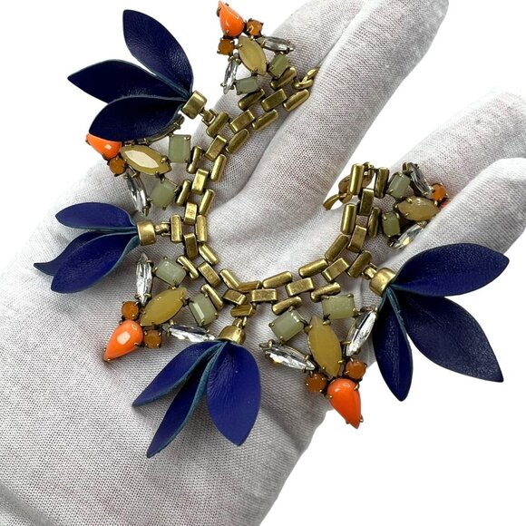 STELLA & DOT Melia Blue Petal Orange Necklace Rhinestone Gold Chain Link Bib - Picture 3 of 7